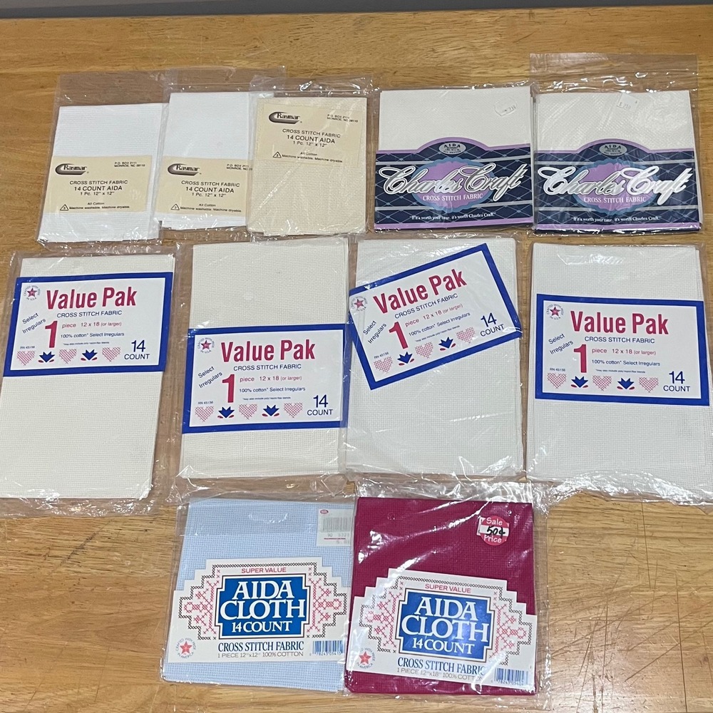 Vtg Cross Stitch Fabric Lot 11pc 14 Count Aida Cloth Charles Craft Raymar USA